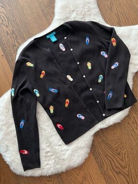 Alexandra Bartlett embroidered flip flop sandal black cardigan sweater size M